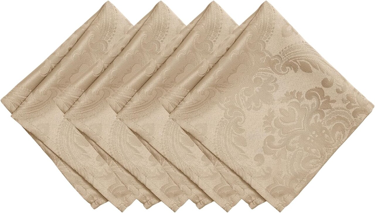 Set of 4 Taupe Damask Fabric Napkins, 17×17 in, Waterproof & Stain-Resistant